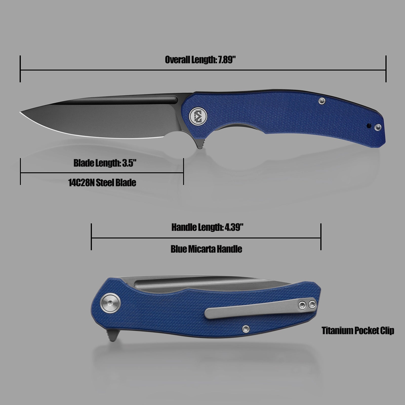 Miguron Velona - 3.5" 14C28N Dark Grey PVD Blade, Blue Micarta Handle. MGR-8003SBU