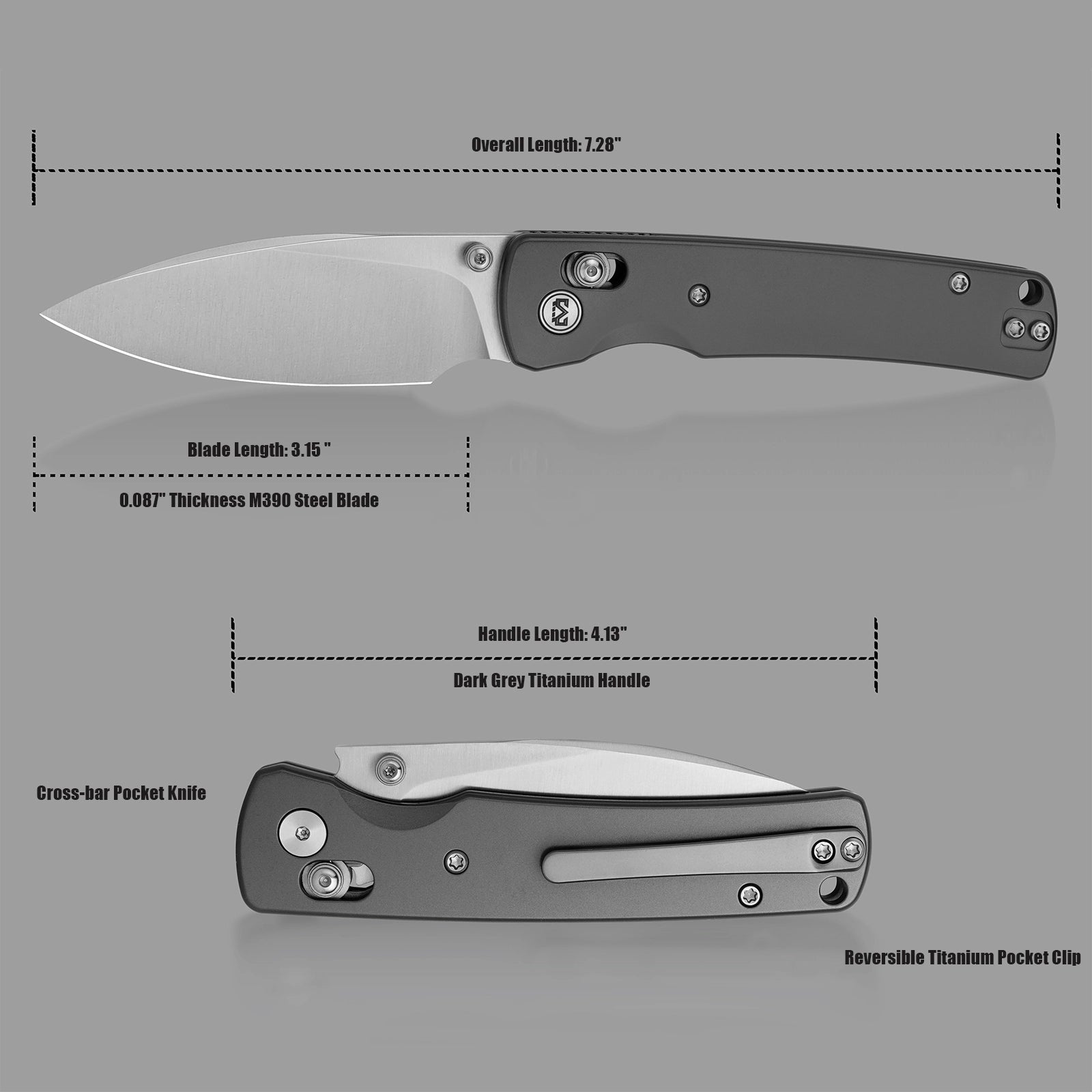 Miguron Vakor - 3.15" M390 Satin Blade, Dark Grey PVD Titanium Handle. MGR-633ADG