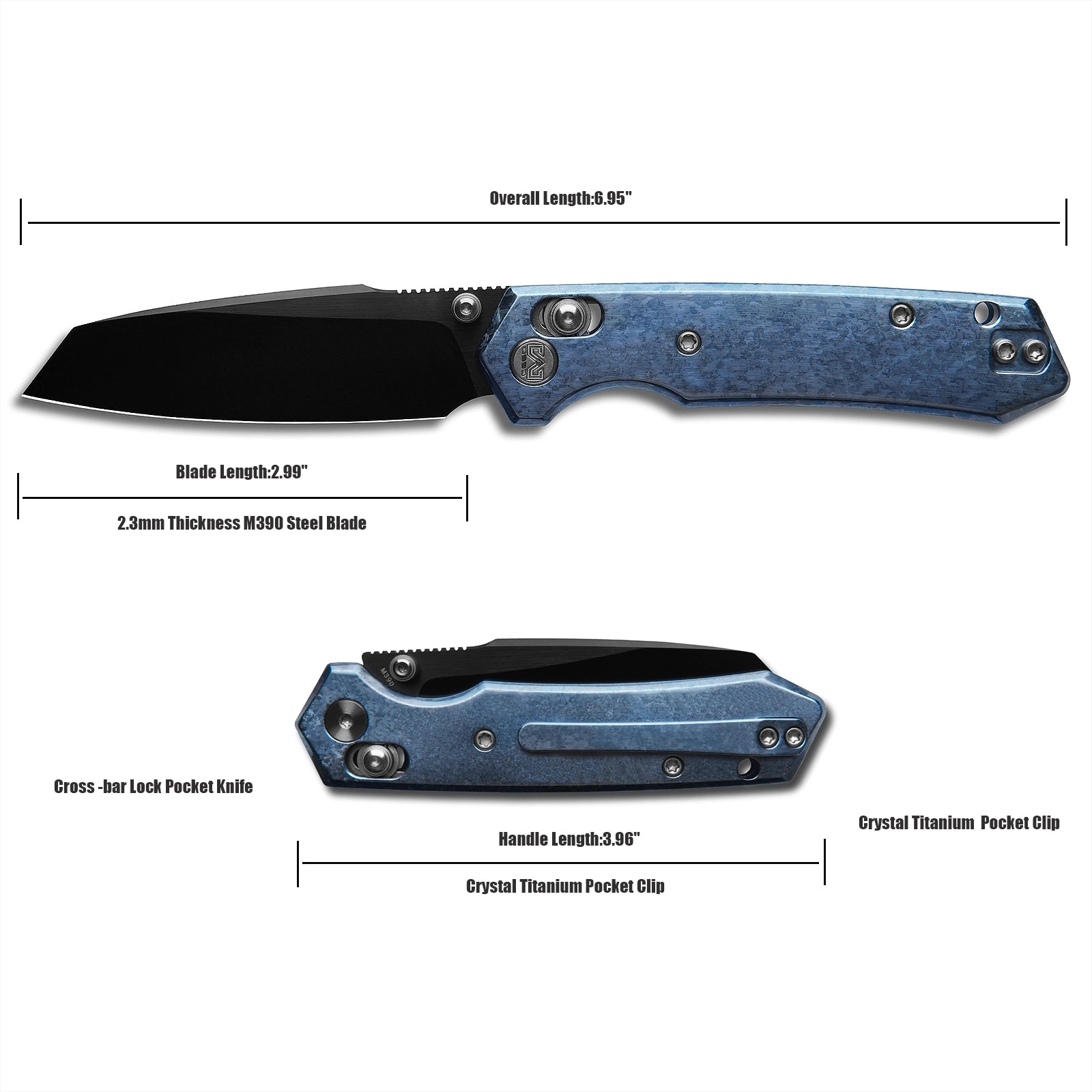 Miguron Vatso - 2.99" M390 Satin DLC Blade, Blue Crystal Titanium Handle. MGR-631ABJBU