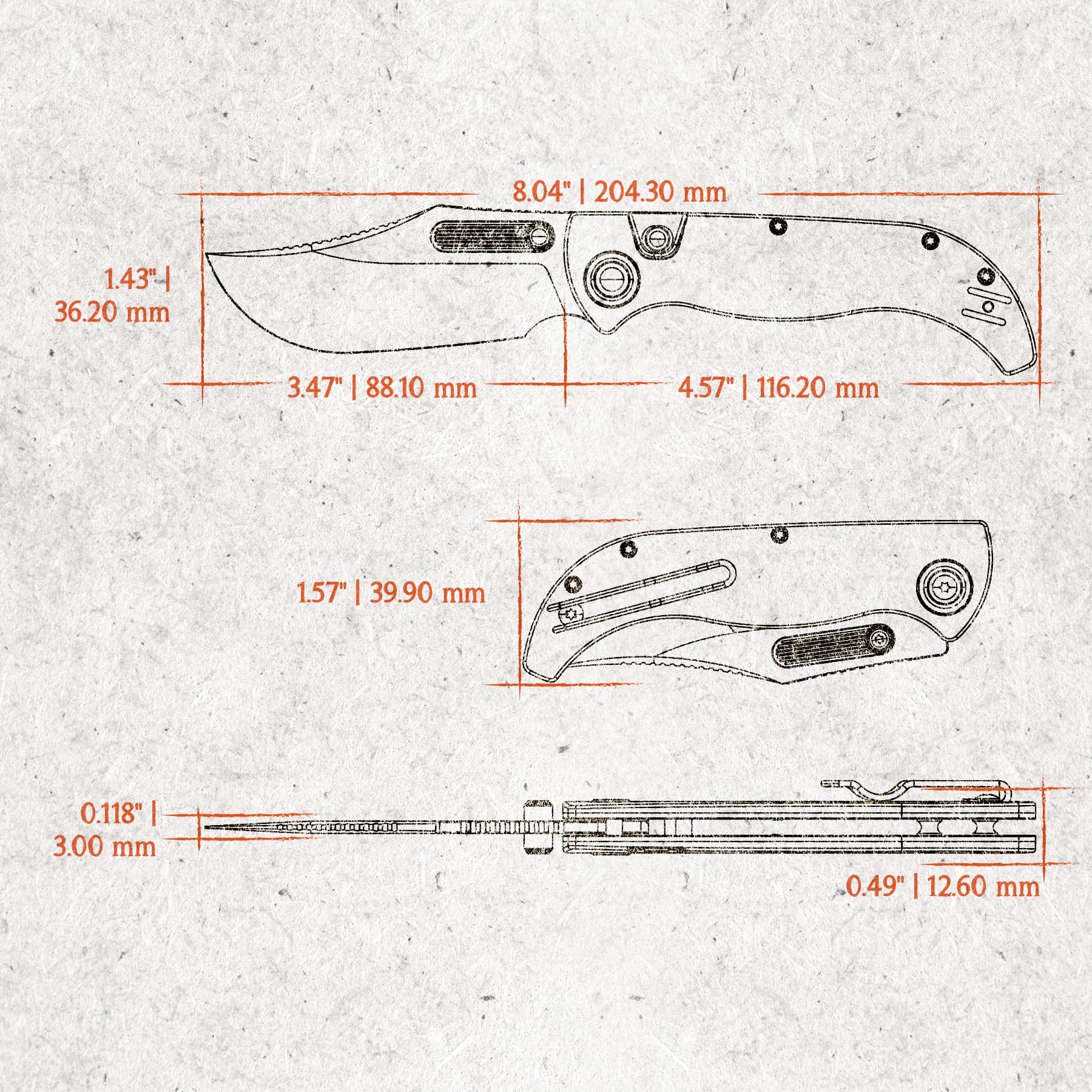 Vosteed Naga A3904 - 3.47" S35VN Stonewash Blade, Copper Raindrop Micarta Handle