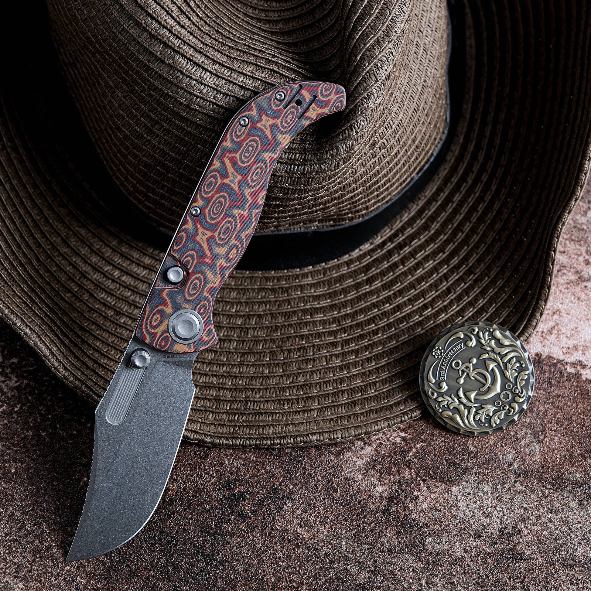 Vosteed Naga A3904 - 3.47" S35VN Stonewash Blade, Copper Raindrop Micarta Handle