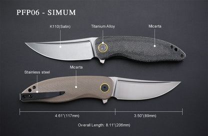 Petrified Fish Simum PFP06DMS - 3.5" K110 Satin Blade, Black Micarta Handle