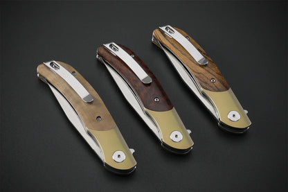 Petrified Fish Hourglass PFP09SNWO - 3.54" K110 Satin Blade, Titanium & Snakewood Handle