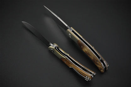 Petrified Fish Hourglass PFP09SNWO - 3.54" K110 Satin Blade, Titanium & Snakewood Handle