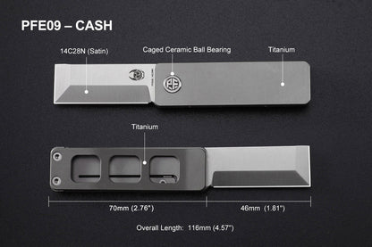 Petrified Fish Cash PFE09 - 1.81" 14C28N Satin Blade, 48g Titanium Handle, Front Flipper