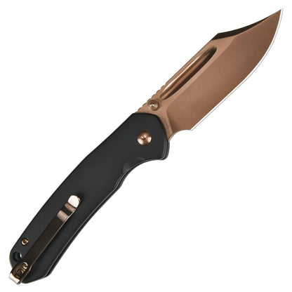 CJRB Pyrite Bowie - 3.15" AR-RPM9 Rose Gold Clip Point Blade, Black Steel Handles - J1942RG