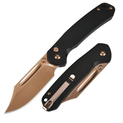 CJRB Pyrite Bowie - 3.15" AR-RPM9 Rose Gold Clip Point Blade, Black Steel Handles - J1942RG