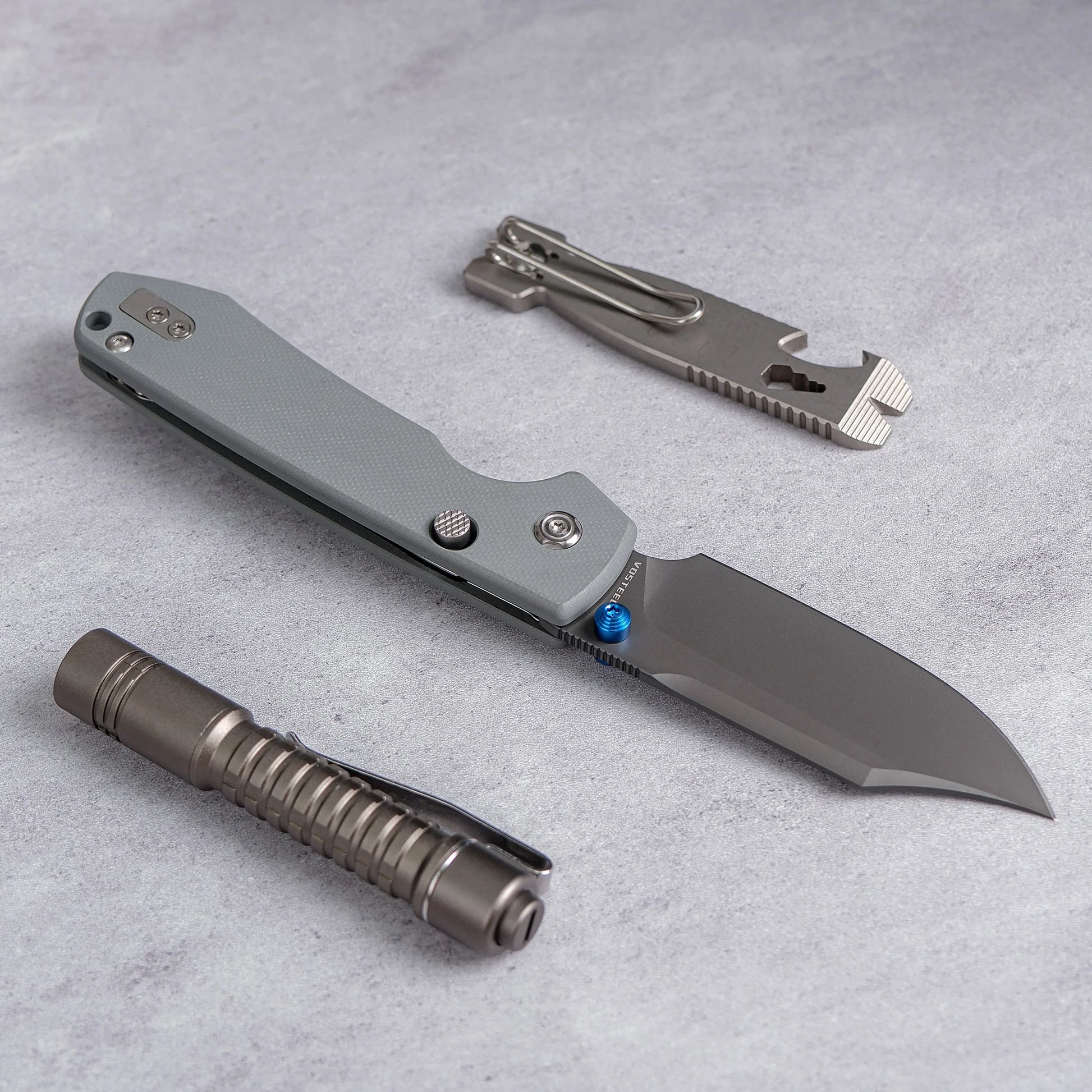 Vosteed Raccoon Bowie Top Liner Lock A2918 - 3.25" 14C28N Destroyer Grey Blade, Grey G10 Handle