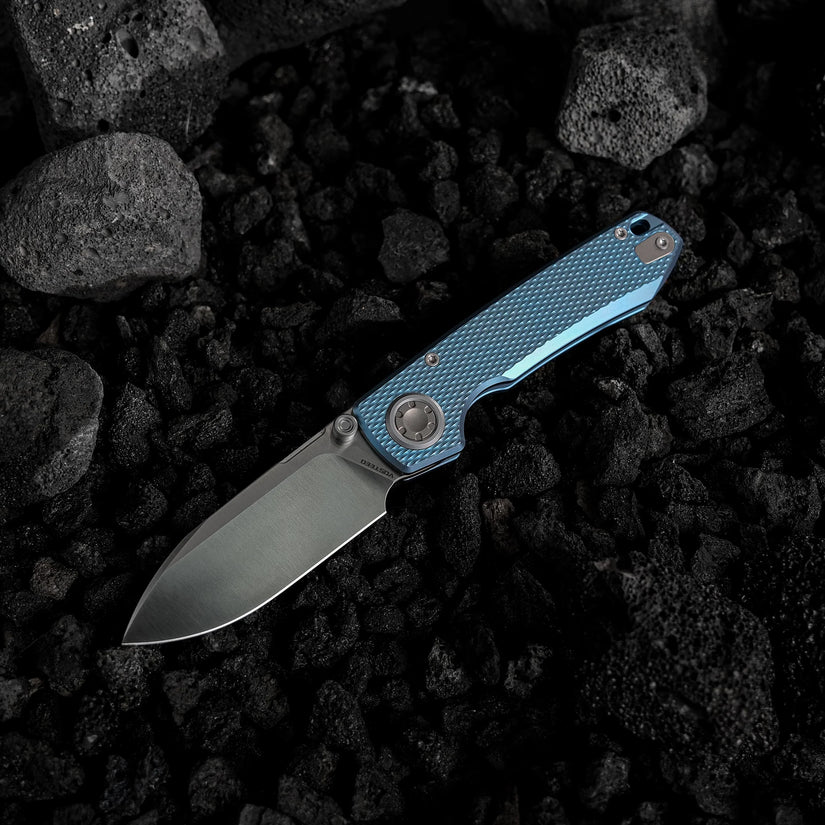 Vosteed Raccoon V Vanchor Lock A4002 - 3.22" M390 Satin Blade, Blue Titanium Handle