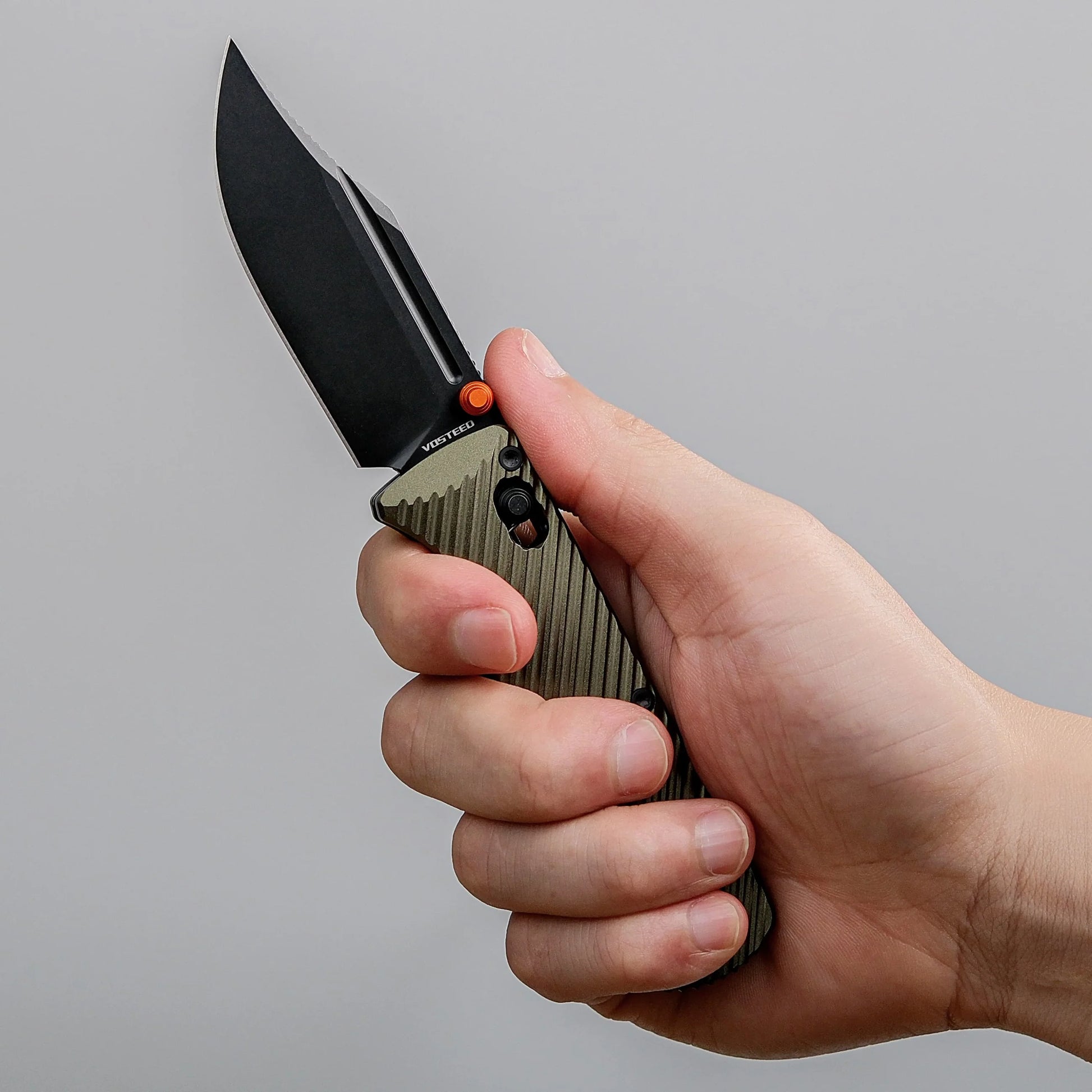 Vosteed Vombat A4102 - 2.92" M390 Black Stonewash Bowie Blade, Olive Green Aluminium Handle