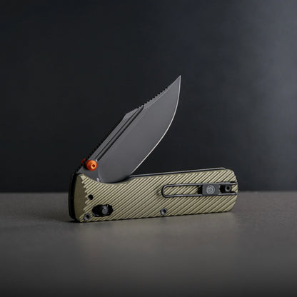 Vosteed Vombat A4102 - 2.92" M390 Black Stonewash Bowie Blade, Olive Green Aluminium Handle
