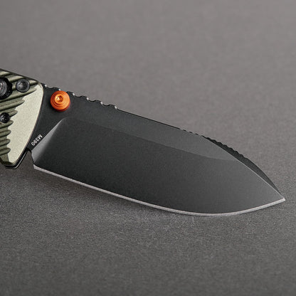 Vosteed Vombat A4105 - 2.92" M390 Black Stonewash Drop Point Blade, Olive Green Aluminium Handle