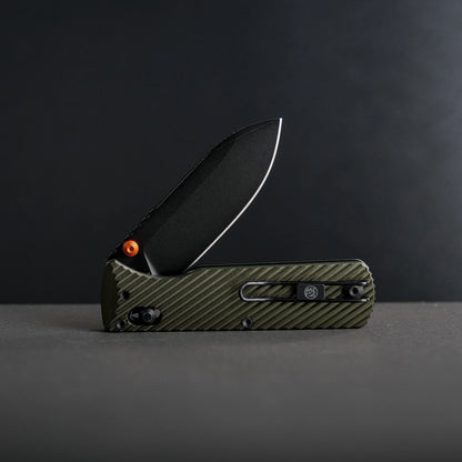 Vosteed Vombat A4105 - 2.92" M390 Black Stonewash Drop Point Blade, Olive Green Aluminium Handle