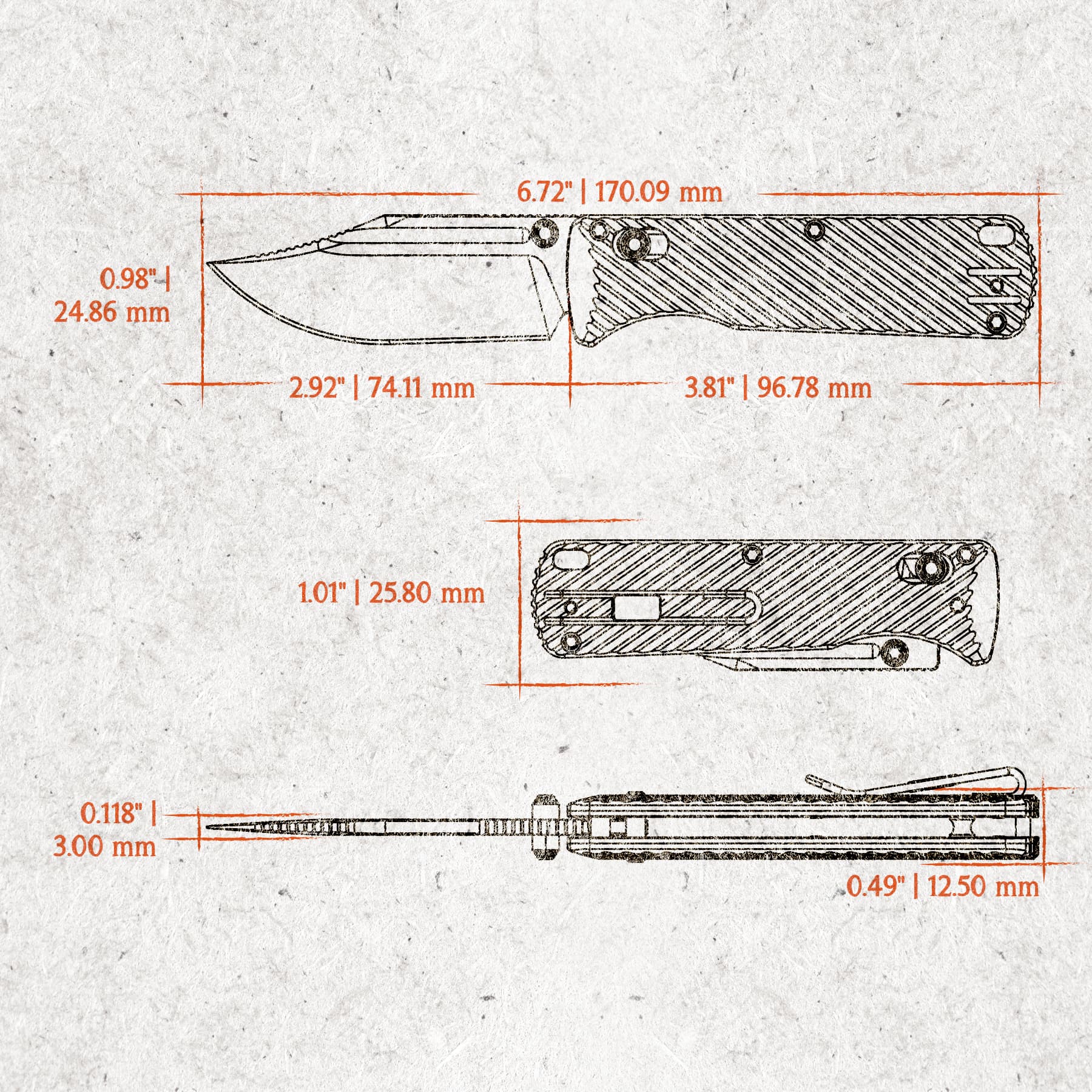 Vosteed Vombat A4106 - 2.92" M390 Copper Dune Bowie Blade, Black Aluminium Handle