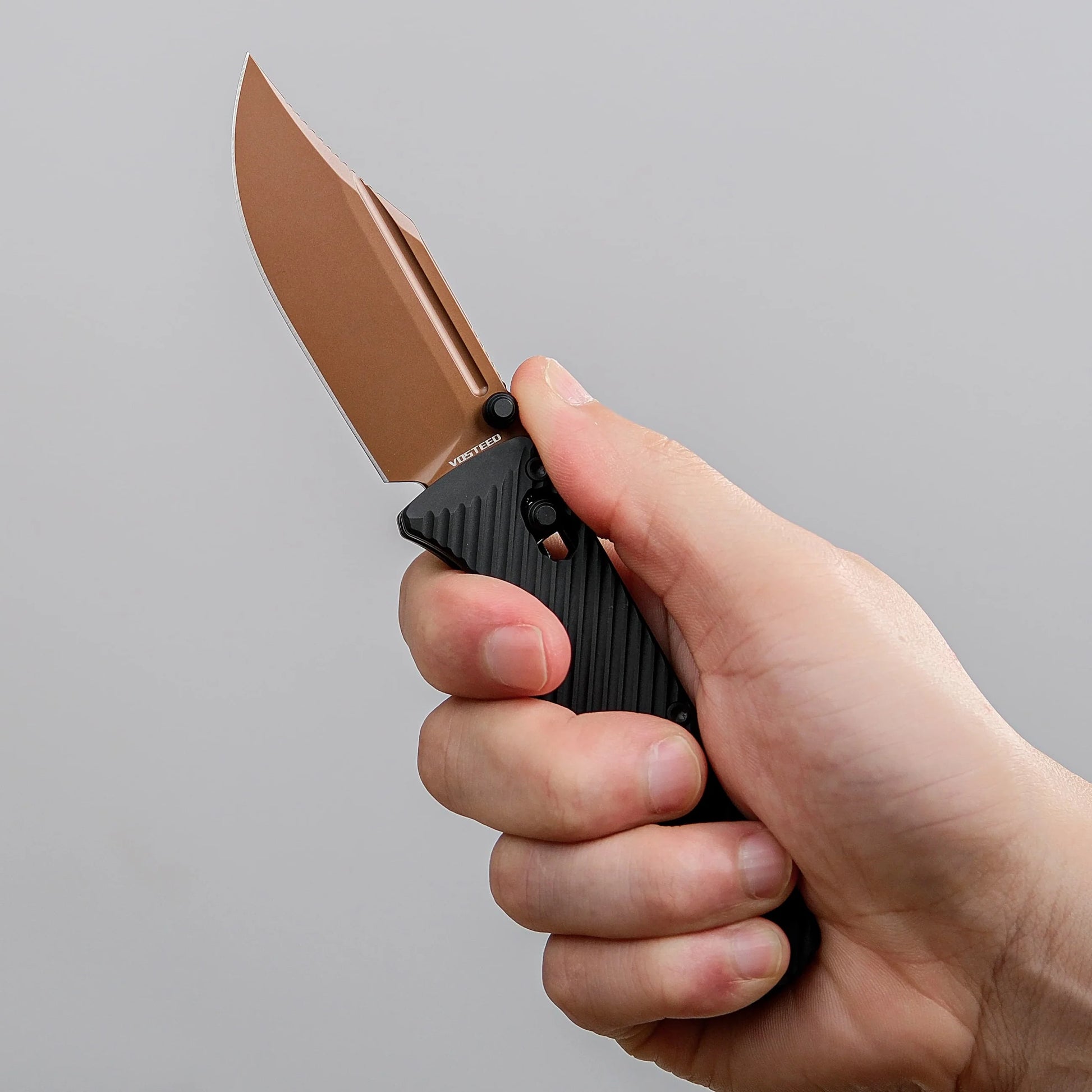 Vosteed Vombat A4106 - 2.92" M390 Copper Dune Bowie Blade, Black Aluminium Handle