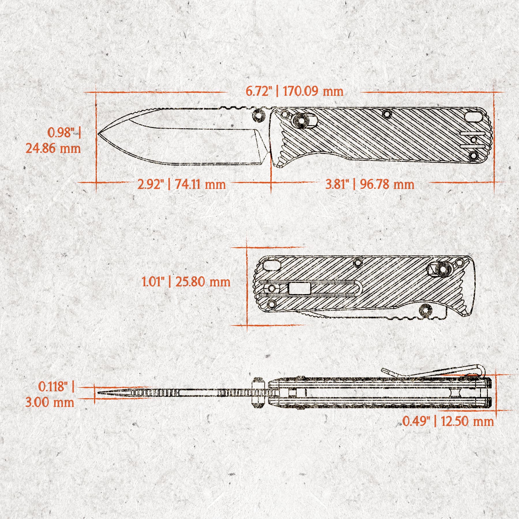 Vosteed Vombat A4107 - 2.92" M390 Copper Dune Drop Point Blade, Black Aluminium Handle