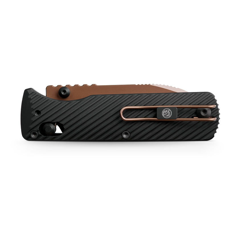 Vosteed Vombat A4107 - 2.92" M390 Copper Dune Drop Point Blade, Black Aluminium Handle