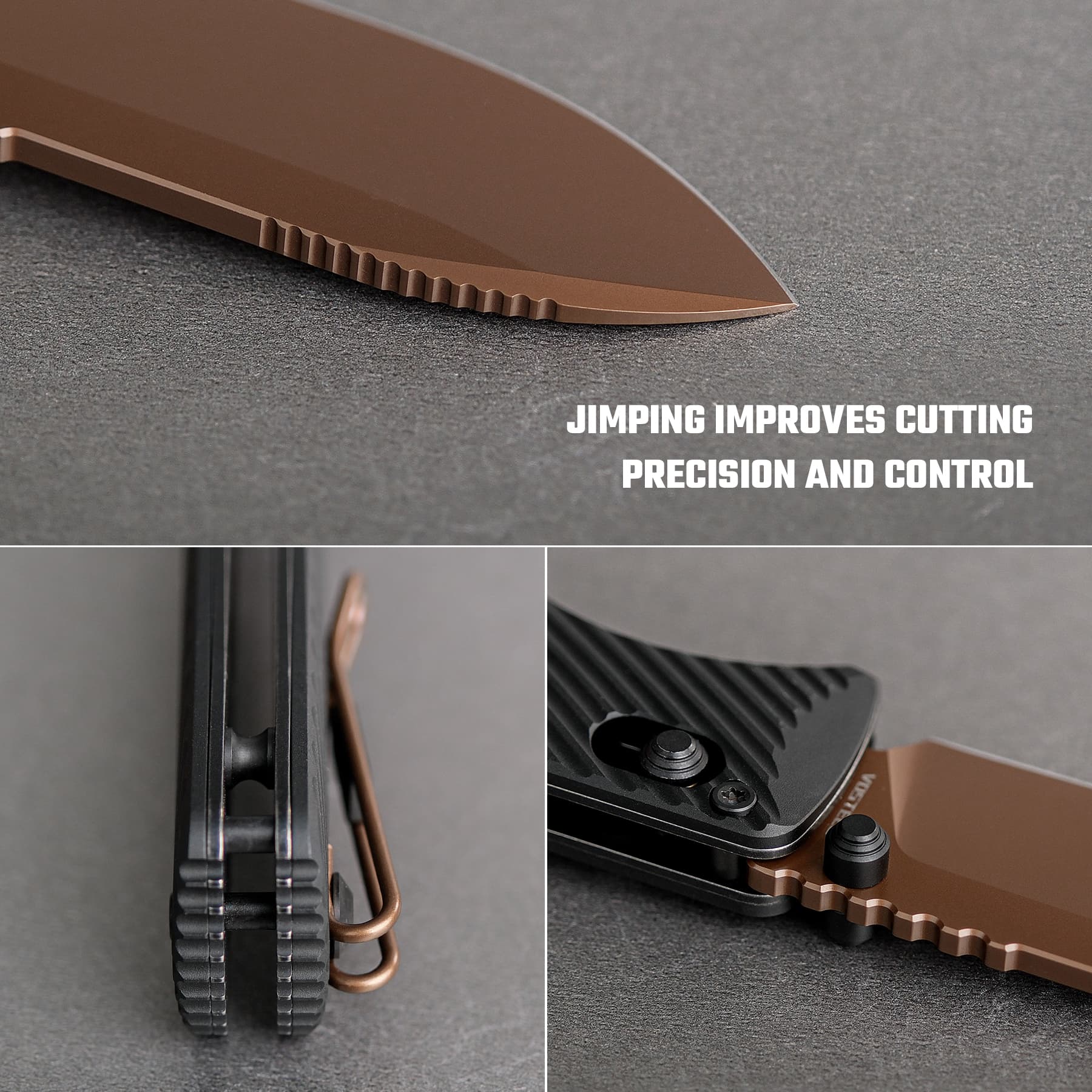 Vosteed Vombat A4107 - 2.92" M390 Copper Dune Drop Point Blade, Black Aluminium Handle