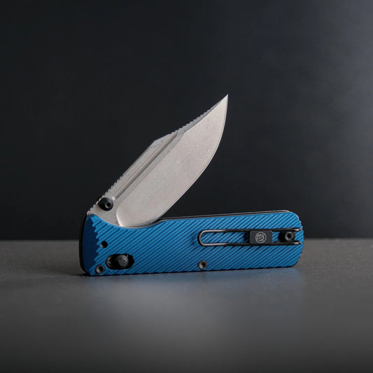 Vosteed Vombat A4108 - 2.92" M390 Stonewash Bowie Blade, Steel Blue Aluminium Handle