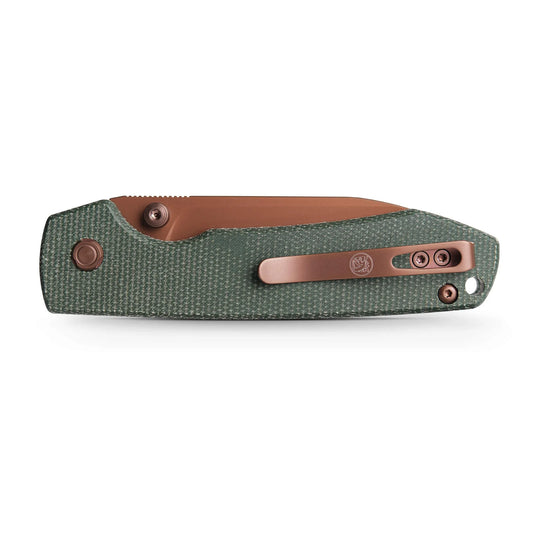 Vosteed Raccoon Top Liner Lock A2907 - 3.25" 14C28N Copper Dune Blade, Green Micarta Handle