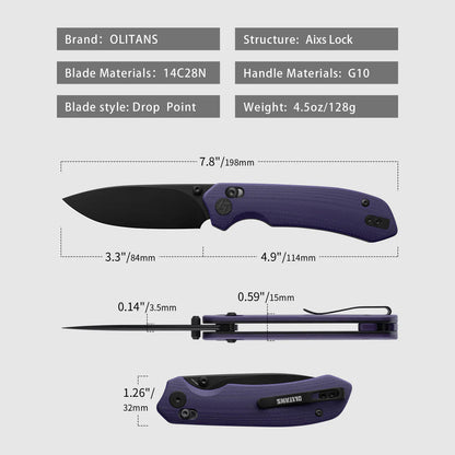 Olitans G031 - 3.3" 14C28N Black Blade, Purple G10 Handle