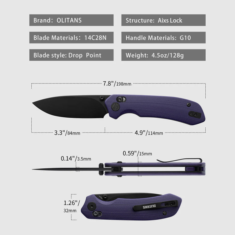 Olitans G031 - 3.3" 14C28N Black Blade, Purple G10 Handle