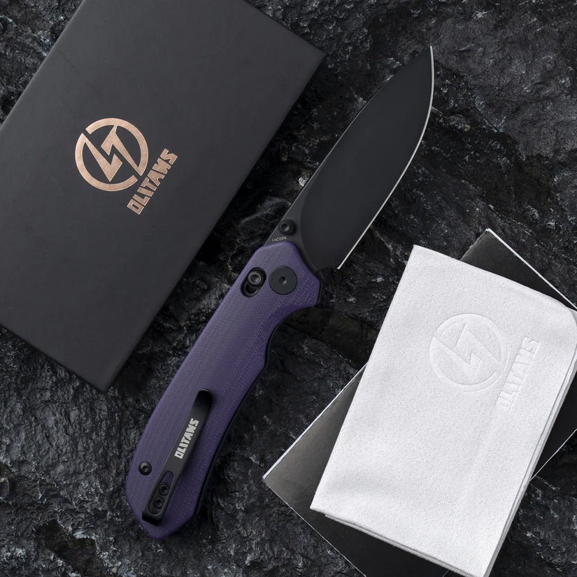 Olitans G031 - 3.3" 14C28N Black Blade, Purple G10 Handle