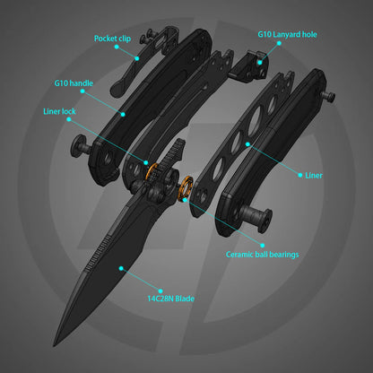 Olitans G057-BB - 2.36" 14C28N Black Stonewashed Blade, Black G10 Handle