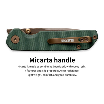 Olitans Lemon Shark G071 - 3.27" 10Cr15Mov Rose Gold Blade, Green Micarta Handle