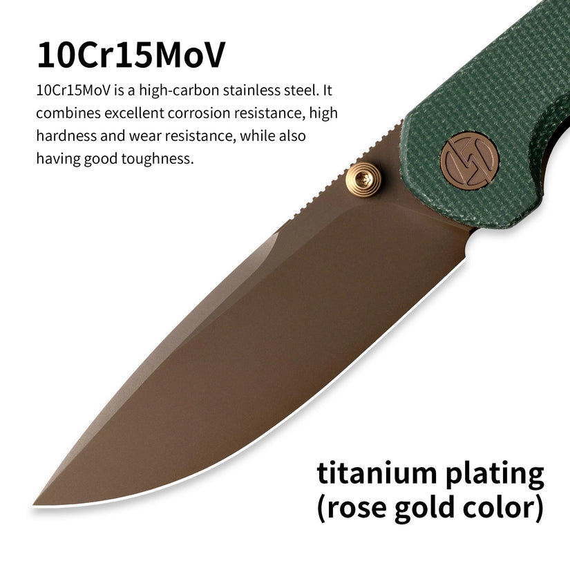 Olitans Lemon Shark G071 - 3.27" 10Cr15Mov Rose Gold Blade, Green Micarta Handle