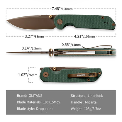 Olitans Lemon Shark G071 - 3.27" 10Cr15Mov Rose Gold Blade, Green Micarta Handle