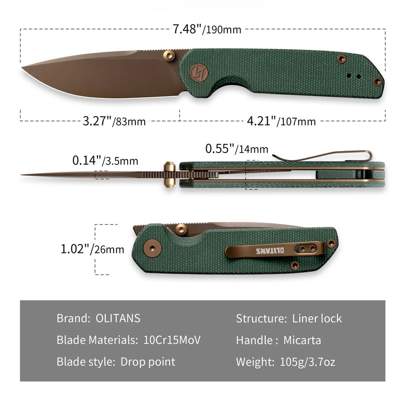 Olitans Lemon Shark G071 - 3.27" 10Cr15Mov Rose Gold Blade, Green Micarta Handle