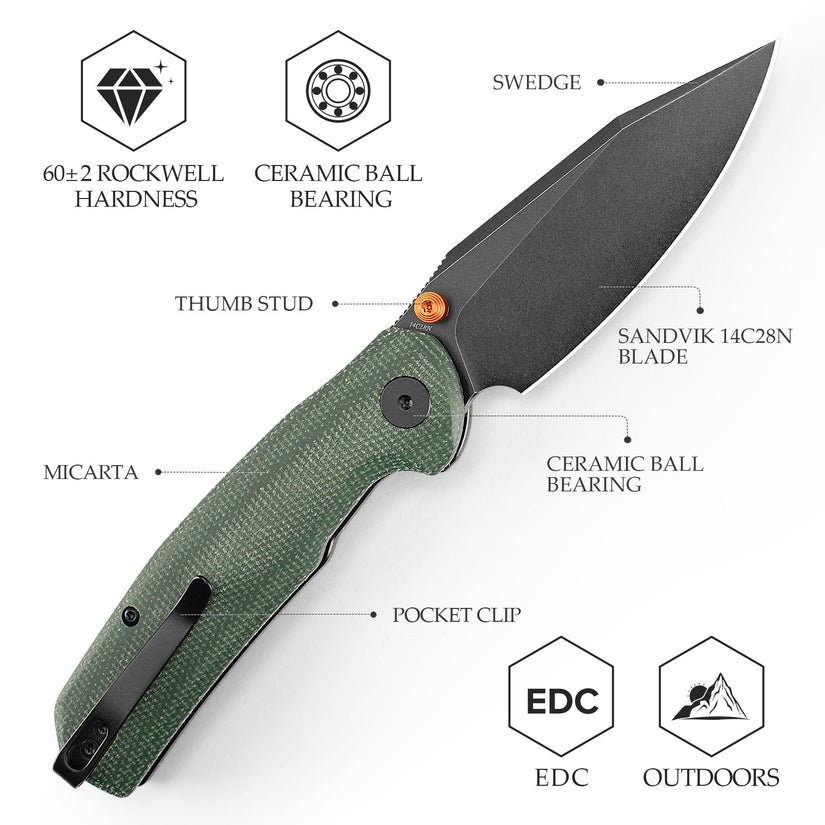 Trivisa Hornet Pro-GM - 3.34" 14C28N Black Stonewashed Blade, Green Micarta Handle, Button Liner Lock