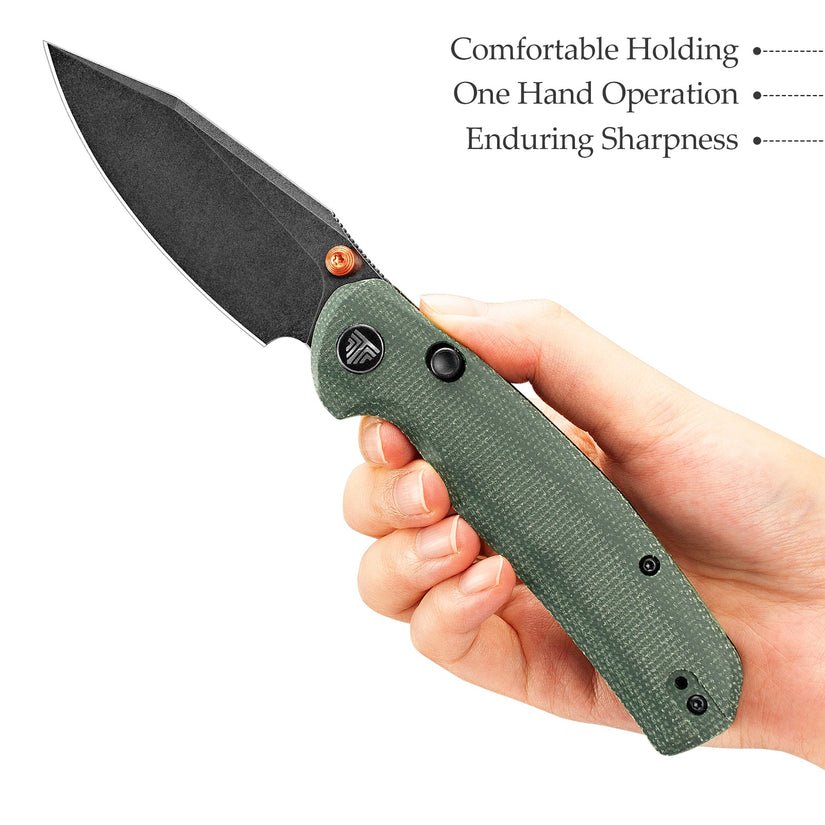 Trivisa Hornet Pro-GM - 3.34" 14C28N Black Stonewashed Blade, Green Micarta Handle, Button Liner Lock