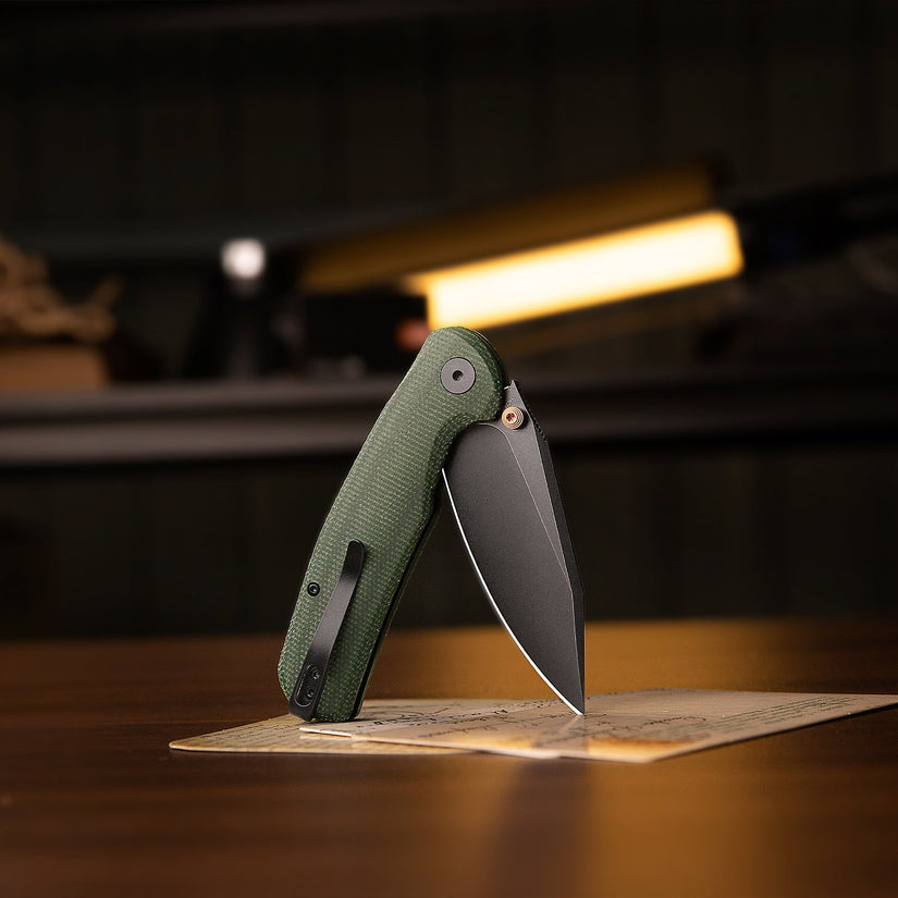 Trivisa Hornet Pro-GM - 3.34" 14C28N Black Stonewashed Blade, Green Micarta Handle, Button Liner Lock
