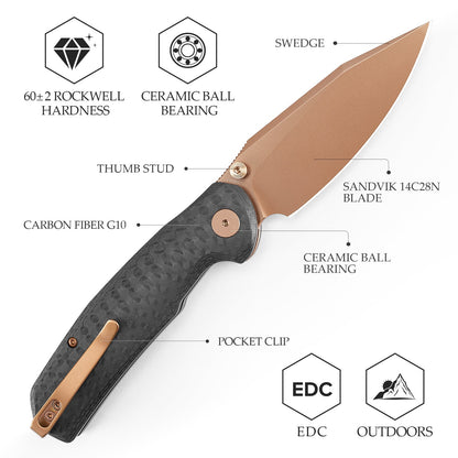 Trivisa Hornet Pro-CG - 3.34" 14C28N Rose Gold PVD Blade, Carbon Fibre G10 Handle, Button Liner Lock