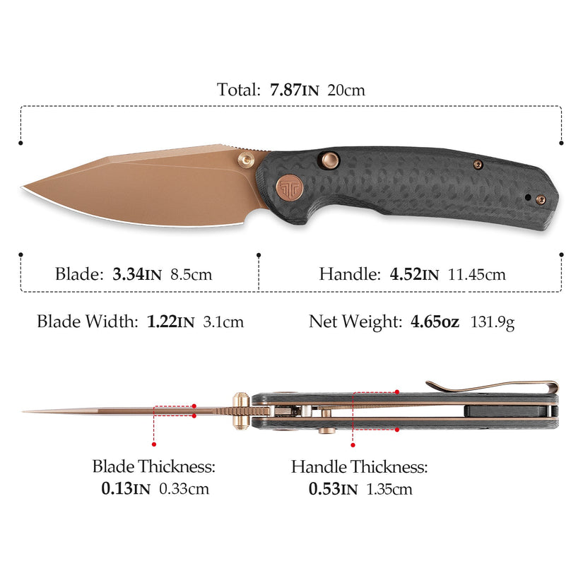 Trivisa Hornet Pro-CG - 3.34" 14C28N Rose Gold PVD Blade, Carbon Fibre G10 Handle, Button Liner Lock