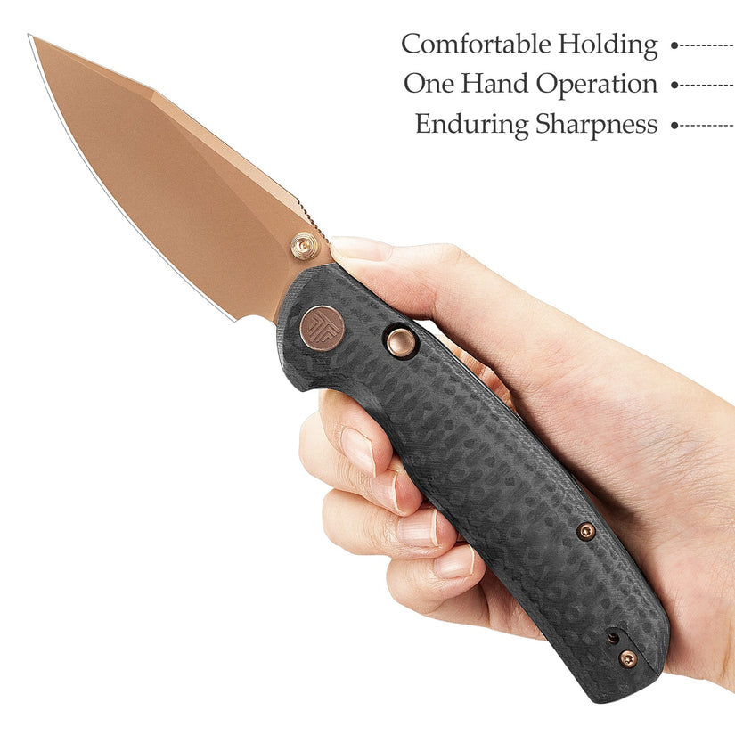 Trivisa Hornet Pro-CG - 3.34" 14C28N Rose Gold PVD Blade, Carbon Fibre G10 Handle, Button Liner Lock