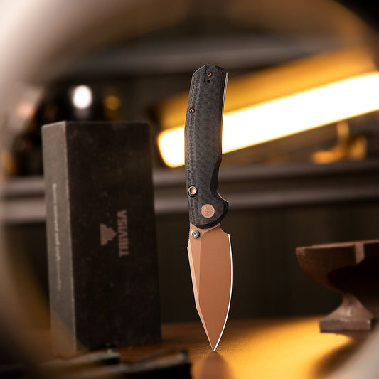 Trivisa Hornet Pro-CG - 3.34" 14C28N Rose Gold PVD Blade, Carbon Fibre G10 Handle, Button Liner Lock