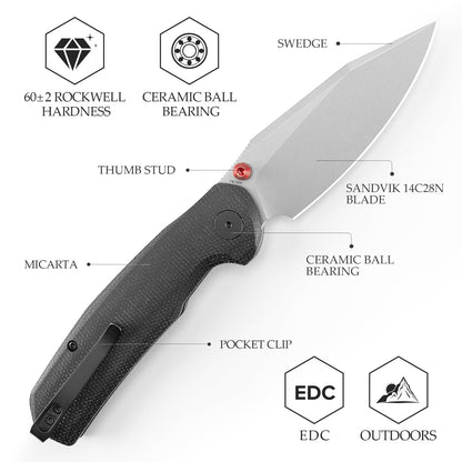 Trivisa Hornet Pro-BM - 3.34" 14C28N Stonewashed Blade, Black Micarta Handle, Button Liner Lock