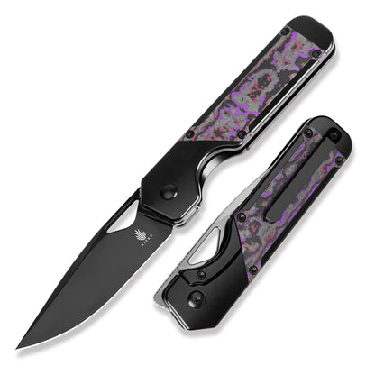 Kizer Militaw - 3.35" S45VN Polished Black DLC Blade, Purple Haze Fatcarbon Titanium Handle - Ki3634A2