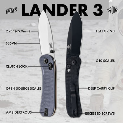 Knafs Lander 3 - 2.75" S35VN Black Blade, Black G-10 Handles, Clutch Lock