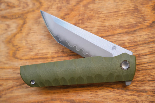 North Mountain Blade Kick Stop Chop Plus - 4" SLD-Magic Steel San Mai Tanto Blade, Green G10 Handle