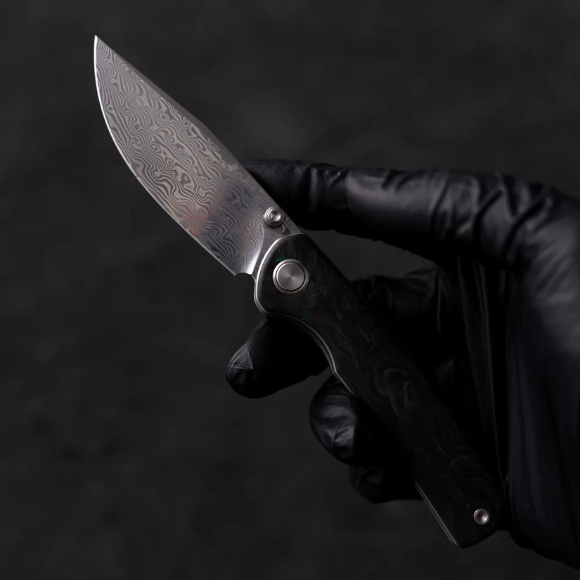 Olitans Gecko M070 - 3.07" Damascus Blade, Green Carbon Fibre Handle