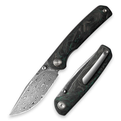 Olitans Gecko M070 - 3.07" Damascus Blade, Green Carbon Fibre Handle