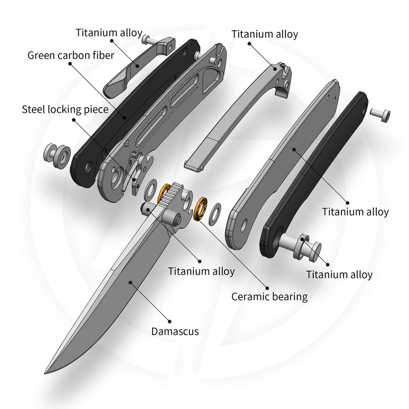 Olitans Gecko M070 - 3.07" Damascus Blade, Green Carbon Fibre Handle