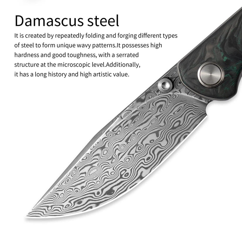 Olitans Gecko M070 - 3.07" Damascus Blade, Green Carbon Fibre Handle