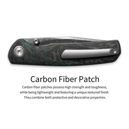 Olitans Gecko M070 - 3.07" Damascus Blade, Green Carbon Fibre Handle