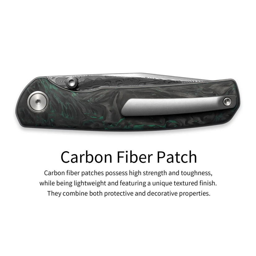 Olitans Gecko M070 - 3.07" Damascus Blade, Green Carbon Fibre Handle