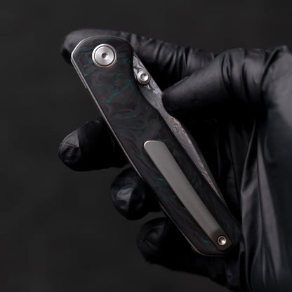 Olitans Gecko M070 - 3.07" Damascus Blade, Green Carbon Fibre Handle